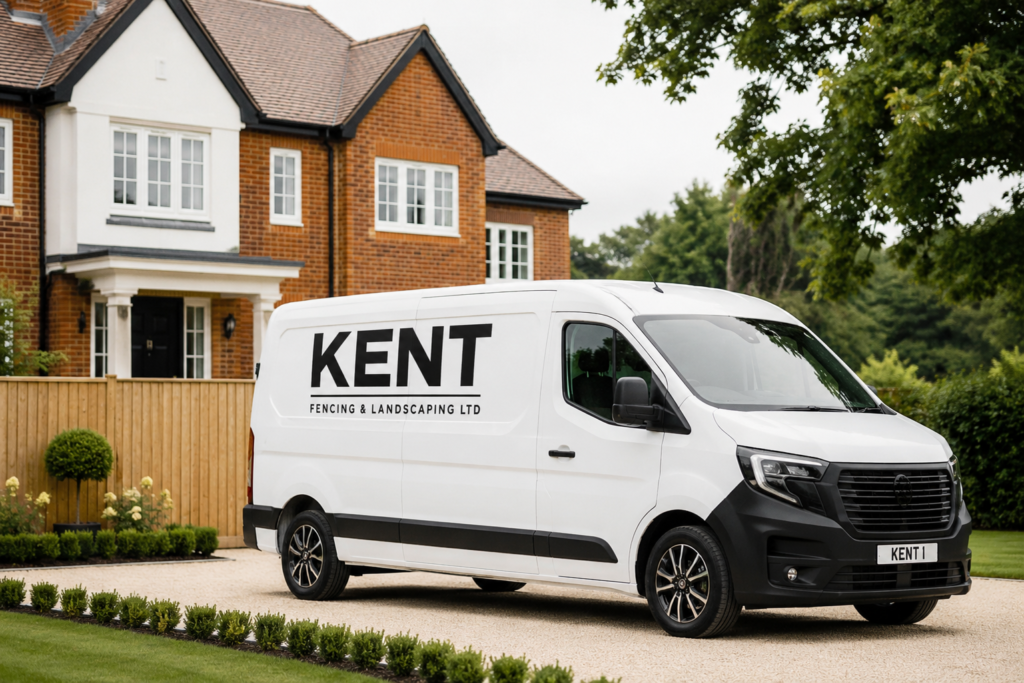 Kent Fencing and Landscaping van outside a completed job
