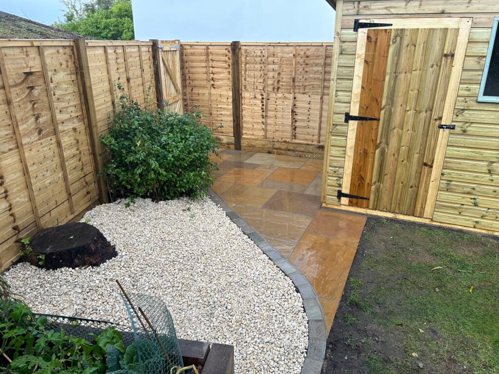 Gravel bed, paving path and new shed gate
