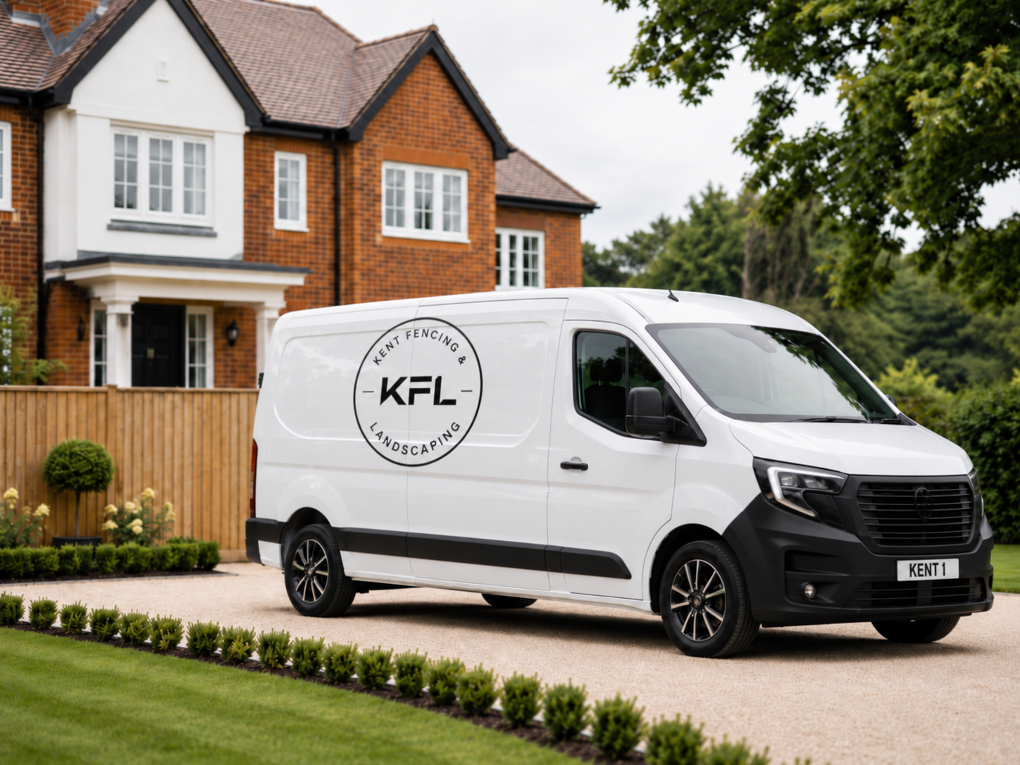 Kent Fencing and Landscaping van with the KFL roundel, parked on a gravel driveway beside a new closeboard fence