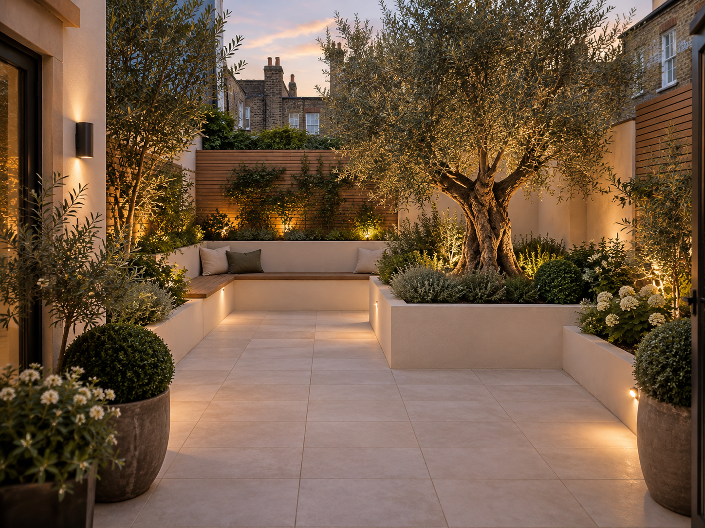 Compact walled courtyard garden with large-format porcelain paving, built-in bench seating, raised rendered planters, a mature olive tree and warm low-level lighting at dusk