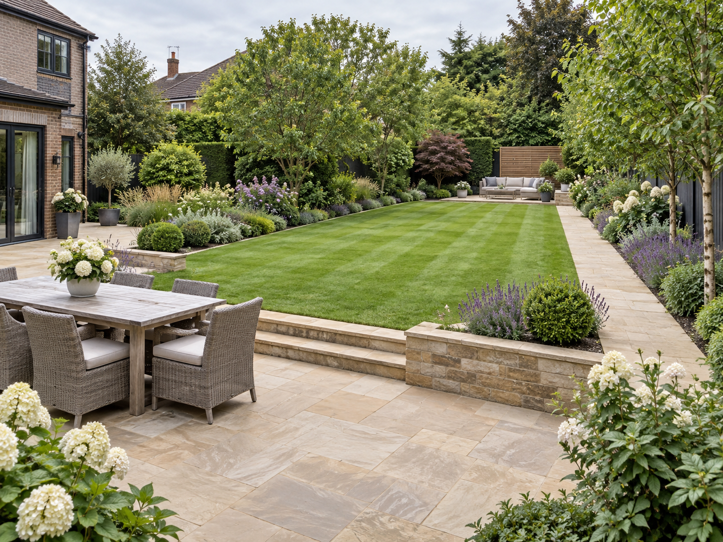 Family garden with a striped lawn, natural stone patio and dining area, low retaining walls, stone steps and deep mixed borders of lavender and hydrangea