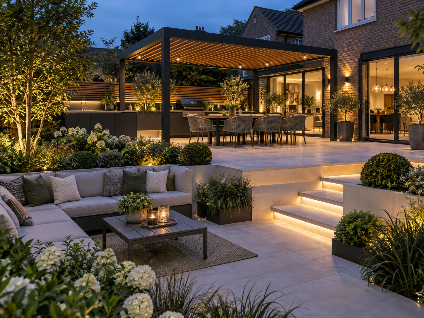 Multi-level outdoor living garden with a slatted pergola over a dining table, outdoor kitchen run, corner sofa terrace, lit steps and clipped planting in the evening
